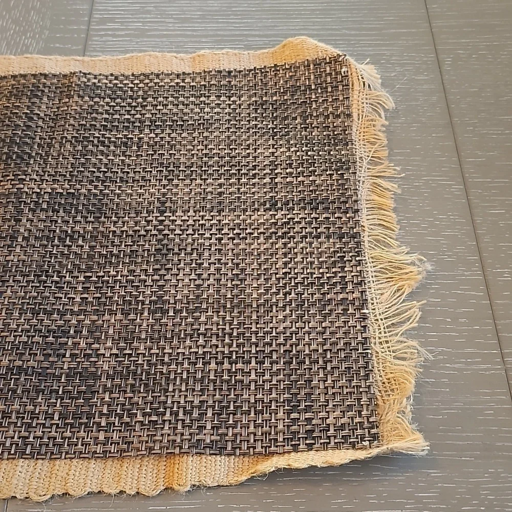 VINTAGE 2 piece Runner Tan Burlap w Fringe & Brown Weave. 72